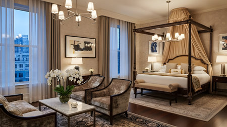 This image depicts a luxurious hotel bedroom featuring a large canopy bed with a beige and gold color scheme. The room is adorned with elegant furniture, including two patterned armchairs and a coffee table. A chandelier hangs above the bed, providing warm lighting. The room also includes large windows with sheer curtains, allowing natural light to fill the space. Decorative elements such as framed artwork and a vase of white orchids add to the room's sophistication.の写真素材