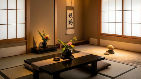This image depicts a tranquil Japanese Zen room with traditional decor. The room features tatami mats, sliding paper doors, and natural light filtering through the windows. There are several floral arrangements, a hanging scroll with Japanese calligraphy, and a low wooden table with a bowl and stones. The overall ambiance is peaceful and meditative, emphasizing simplicity and harmony.の写真素材