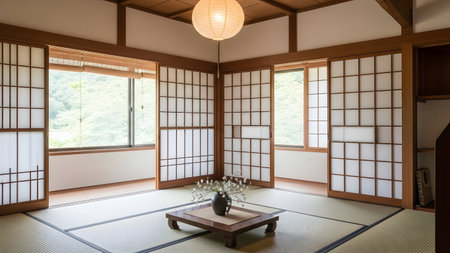 The image depicts a serene and minimalist traditional Japanese living room. The room features tatami mats covering the floor, sliding paper screens, and wooden beams. A low wooden table sits in the center with a small vase of flowers, adding a touch of natural beauty. A simple paper lantern hangs from the ceiling, providing soft lighting. The room is surrounded by large windows with views of lush greenery, creating a peaceful and harmonious atmosphere.の写真素材