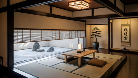 This image depicts a serene and traditional Japanese living room. The room features tatami mats on the floor, a wooden low table, and cushions for seating. A sliding door with wooden frames and paper panels allows natural light to filter in. Decorative elements include a hanging scroll with Japanese calligraphy and a small bonsai tree in a pot, adding to the room's tranquil ambiance.の写真素材
