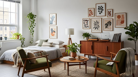 This image depicts a stylish and contemporary bedroom featuring a large bed with white linens, wooden furniture, and an array of decorative elements. The room is adorned with various framed artworks on the wall, adding a touch of creativity and personality. Potted plants are strategically placed around the room, bringing a sense of freshness and tranquility. The space also includes a cozy seating area with a green armchair and a coffee table, creating a comfortable and inviting atmosphere.の写真素材