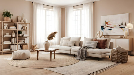 This image depicts a serene and inviting living room with a neutral color palette. The room features a comfortable white sofa adorned with various throw pillows, a wooden coffee table, and a large area rug. The space is illuminated by natural light streaming through large windows, which are dressed with sheer curtains. A wooden bookshelf filled with books and decorative items stands against one wall, while a large abstract painting adds a touch of modern art to the room. Additional elements include a woven pouf, a side table with a lamp, and a vase with dried flowers.の写真素材
