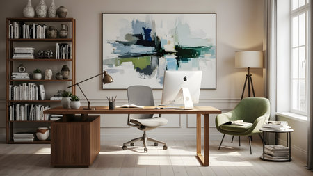 A stylish and contemporary home office setup featuring a wooden desk with a white computer, a comfortable chair, and an abstract painting on the wall. The room is well-lit with natural light from a window and includes a bookshelf with various items and decor.の写真素材
