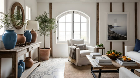 A contemporary living room featuring a blend of natural and modern elements. The room includes a comfortable white sofa adorned with blue and white throw pillows, a wooden coffee table with a bowl of fruits, and a large arched window allowing ample natural light. Decorative vases in blue and terracotta are placed on a white console table, and a potted olive tree adds a touch of greenery. The space is completed with a patterned rug and a framed artwork on the wall.の写真素材