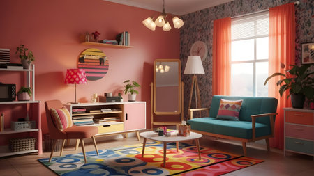 This image depicts a lively and colorful living room with a variety of decorative elements. The room features a pink wall with a patterned wallpaper, a white bookshelf filled with books and decorative items, and a colorful rug with circular patterns. A teal sofa with throw pillows sits against the wall, accompanied by a wooden coffee table. A pink armchair is positioned near the bookshelf, and a large window with orange curtains lets in natural light. The room also includes a chandelier, a floor lamp, and several potted plants adding to the vibrant atmosphere.の写真素材