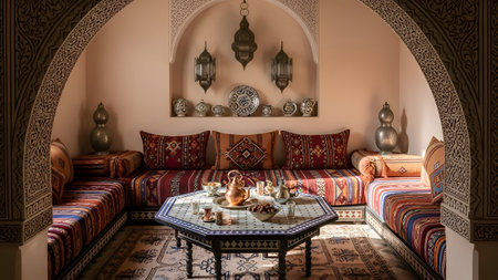Interior of a living room in traditional moroccan style.