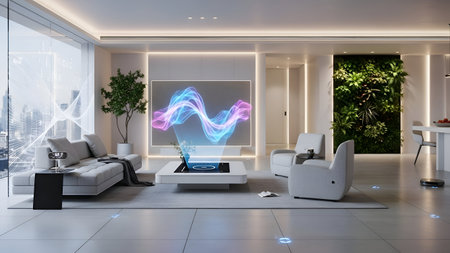 3D rendering of a modern living room interior with a computer on the screen