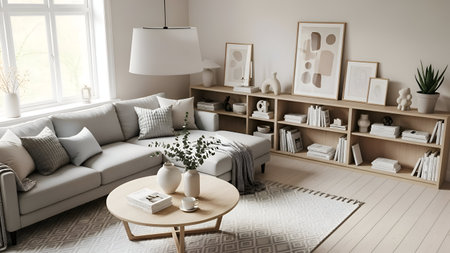 Interior of modern living room with sofa, bookshelf and coffee table. 3d render