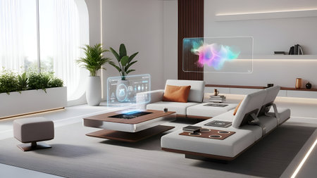 3d rendering of a modern living room with a sofa and coffee table