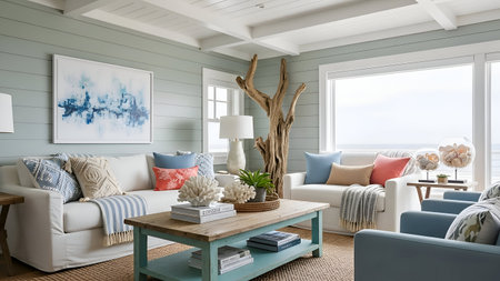 Interior of modern living room with blue sofa 3d Illustration