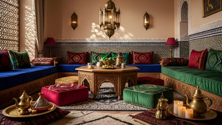 Interior of a hotel room with traditional moroccan furniture.