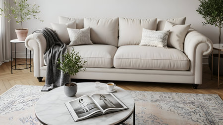 Interior of modern living room with white sofa, coffee table and book