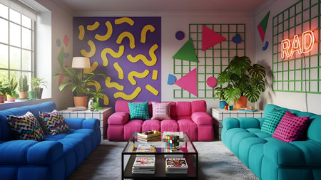 Interior of the living room with a blue sofa. 3D illustration