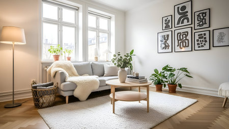 Modern living room interior in scandinavian style. 3d render