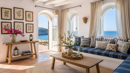 Interior of a living room with a beautiful view of the seaの写真素材