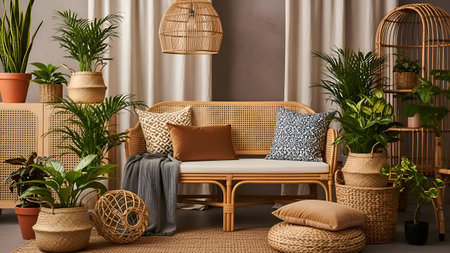 Interior of living room with rattan furniture. 3d render