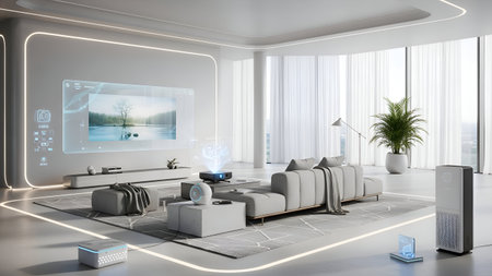 3d rendering of a modern living room with a white sofa and a coffee table