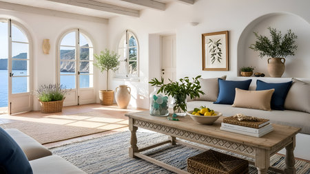 interior of luxury living room with sea view, sofa and decoration