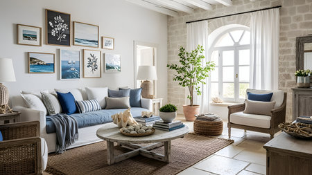 interior of modern living room with blue sofa and armchair, 3d render