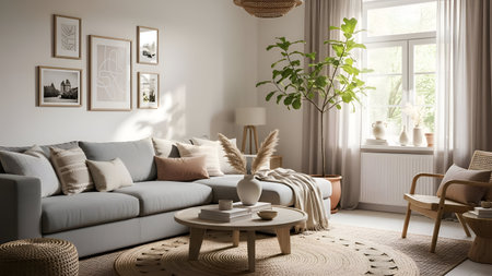Living room interior design with grey sofa, coffee table and posters. 3d render
