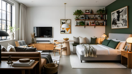 Interior of a modern living room with a bed and wooden furniture