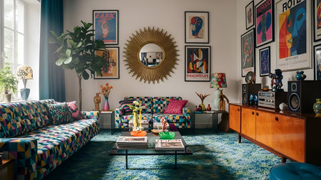 Interior of living room with sofa, coffee table and wall paintingsの写真素材