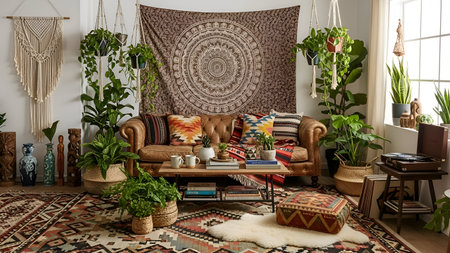 Interior of a living room with a sofa, plants and accessories