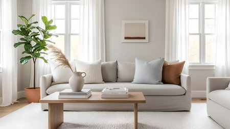 Modern living room with sofa, coffee table and plant. 3d render