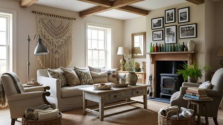 Living room interior with armchairs and fireplace. 3d render.の写真素材