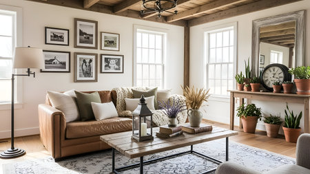 Interior of living room with beige sofa, coffee table and plants