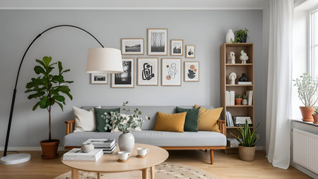 Interior of modern living room with sofa 3D Illustration.