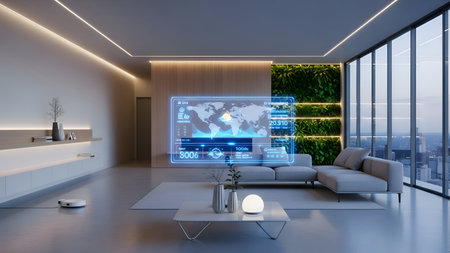 3D rendering of a modern living room with a panoramic window overlooking the city
