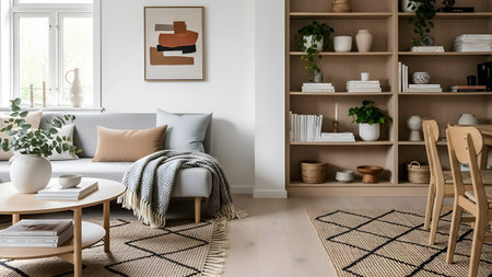 Interior of modern living room with white walls, beige sofa, coffee table and bookcase. 3d render