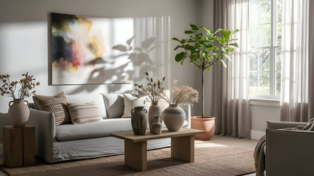 Interior of modern living room with sofa 3D Illustration.