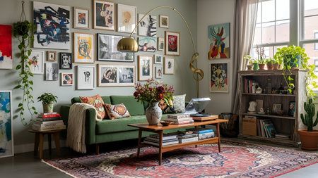 Interior of a living room with a green sofa, bookshelf and pictures