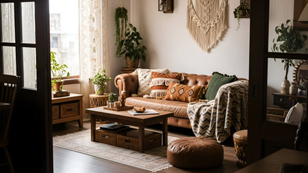 Interior design of living room with sofa, coffee table and plants