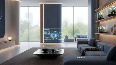 Modern living room interior with furniture and panoramic window. 3D Rendering