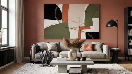 Interior of modern living room with brown sofa, coffee table and decorative vase - rendering