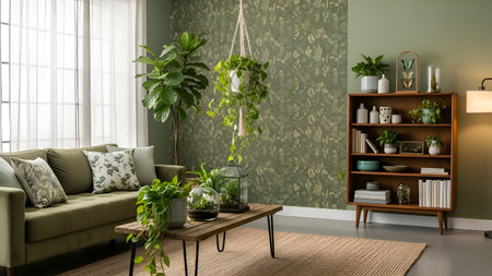 Interior of living room with green sofa, coffee table and plants. 3d renderの写真素材