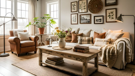 interior of living room with sofa, armchair, coffee table and plantsの写真素材