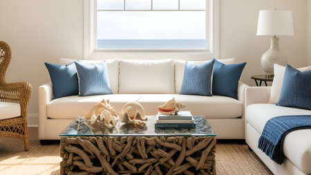 Interior of modern living room with white sofa and blue pillows