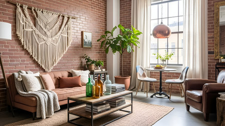Interior of modern living room with brick wall, sofa and coffee table