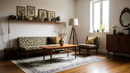 Interior of a living room with a sofa and a coffee table