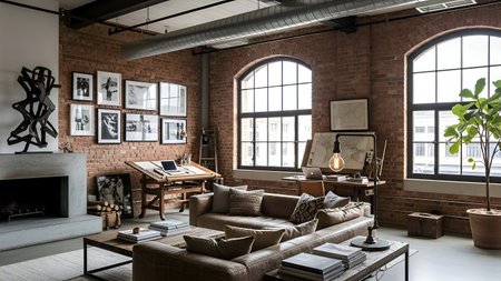 Interior of loft living room with brick wall and brown sofa 3d render