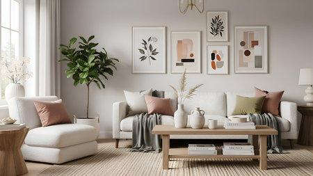 modern living room interior design, scandinavian style 3d rendering
