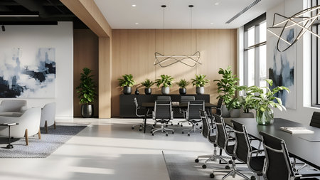 Interior of modern conference room with white walls, concrete floor, rows of black computer tables...