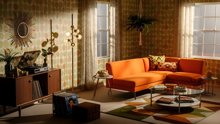 Interior of living room with orange sofa. 3D render.