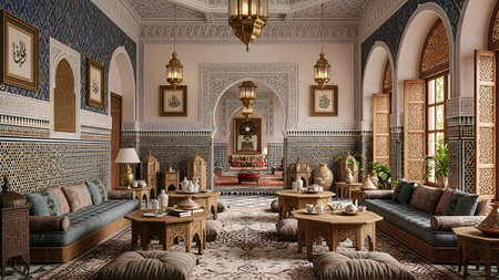 3D rendering of a luxury hotel lobby with arabian style furniture