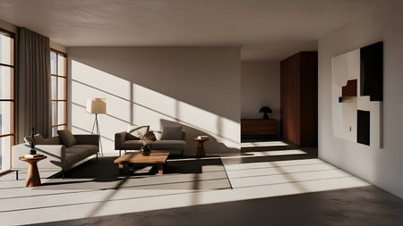 Interior of modern living room with white walls, concrete floor, brown sofa and wooden coffee table....