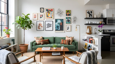 Interior of modern living room with green sofa, coffee table, plants and postersの素材